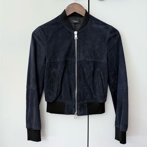 Theory Midnight Blue Suede Bomber Jacket Size P